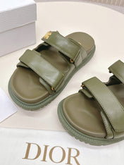 DIOR CLASSIC DOUBLE-STRAP SLIDES 25S IN MOSS GREEN CALFSKIN