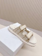 DIOR CLASSIC DOUBLE-STRAP SLIDES 25S IN WHITE MIX BEIGE FABRIC AND CALFSKIN