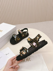 DIOR BACK-STRAP SANDALS 25S IN MOSS GREEN AND BLACK CALFSKIN EMBROIDERED WITH PETITES FLEURS