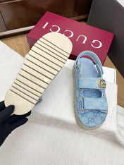 GG CLASSIC SANDALS 25S IN SKY BLUE FABRIC WITH GOLD HARDWARE