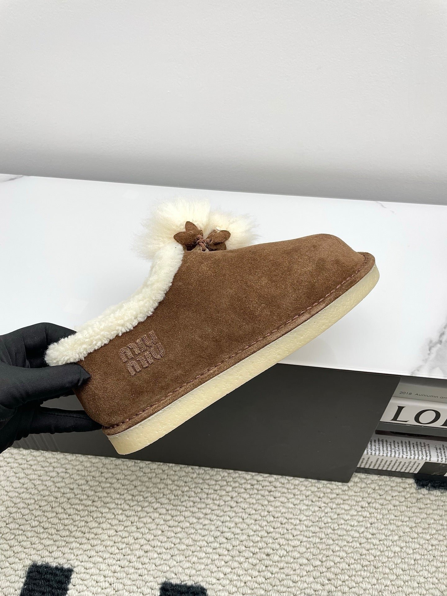 MIUMIU 26S ANKLE SHEARLING BOOTS IN DARK BROWN SUEDE