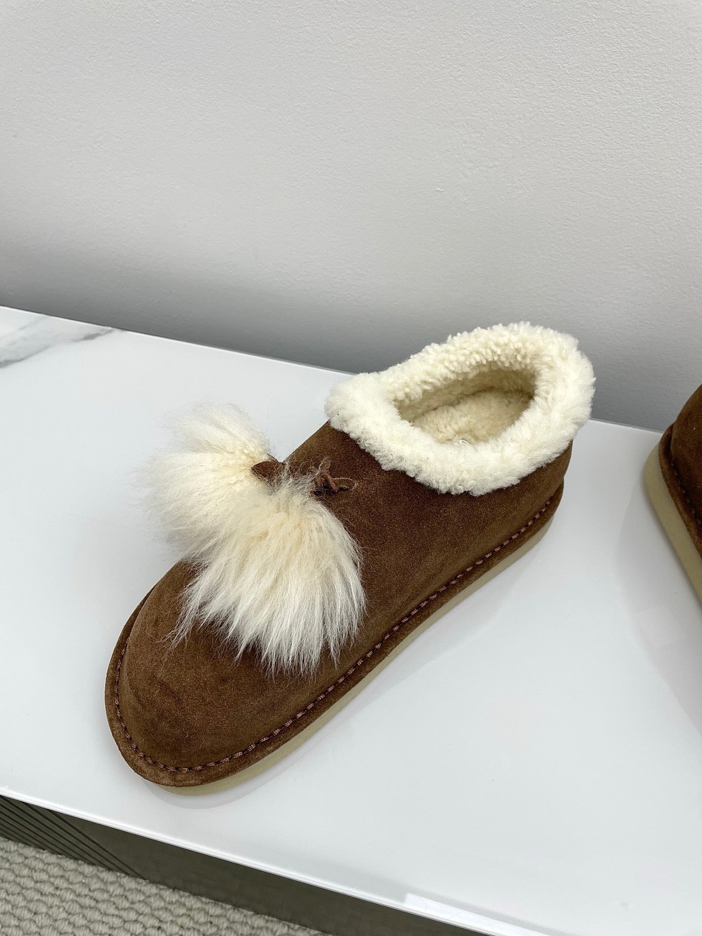 MIUMIU 26S ANKLE SHEARLING BOOTS IN DARK BROWN SUEDE