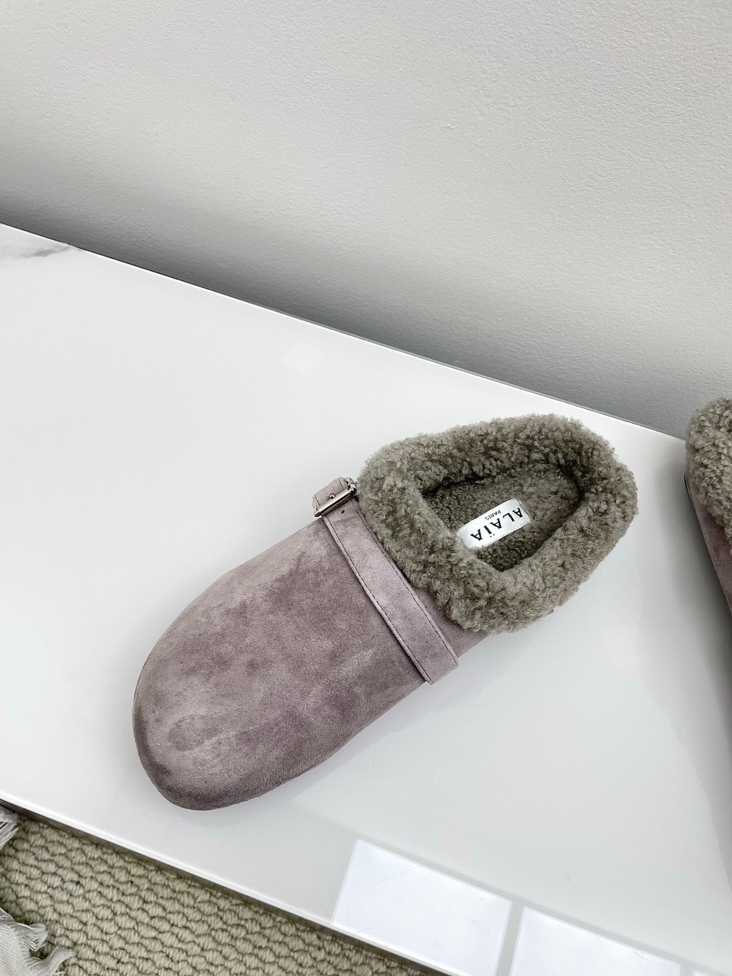 ALAIA 26S MULE IN PINKISH GREY SUEDE AND WOOL