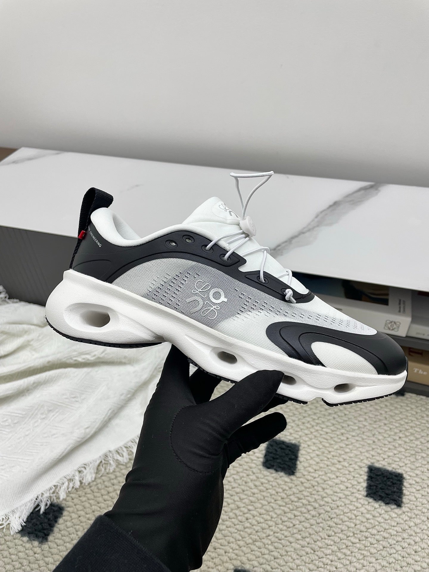 LOEWE 26S CLOUDSOLO SNEAKERS IN WHITE AND BLACK AND GRAY RECYCLED POLYESTER