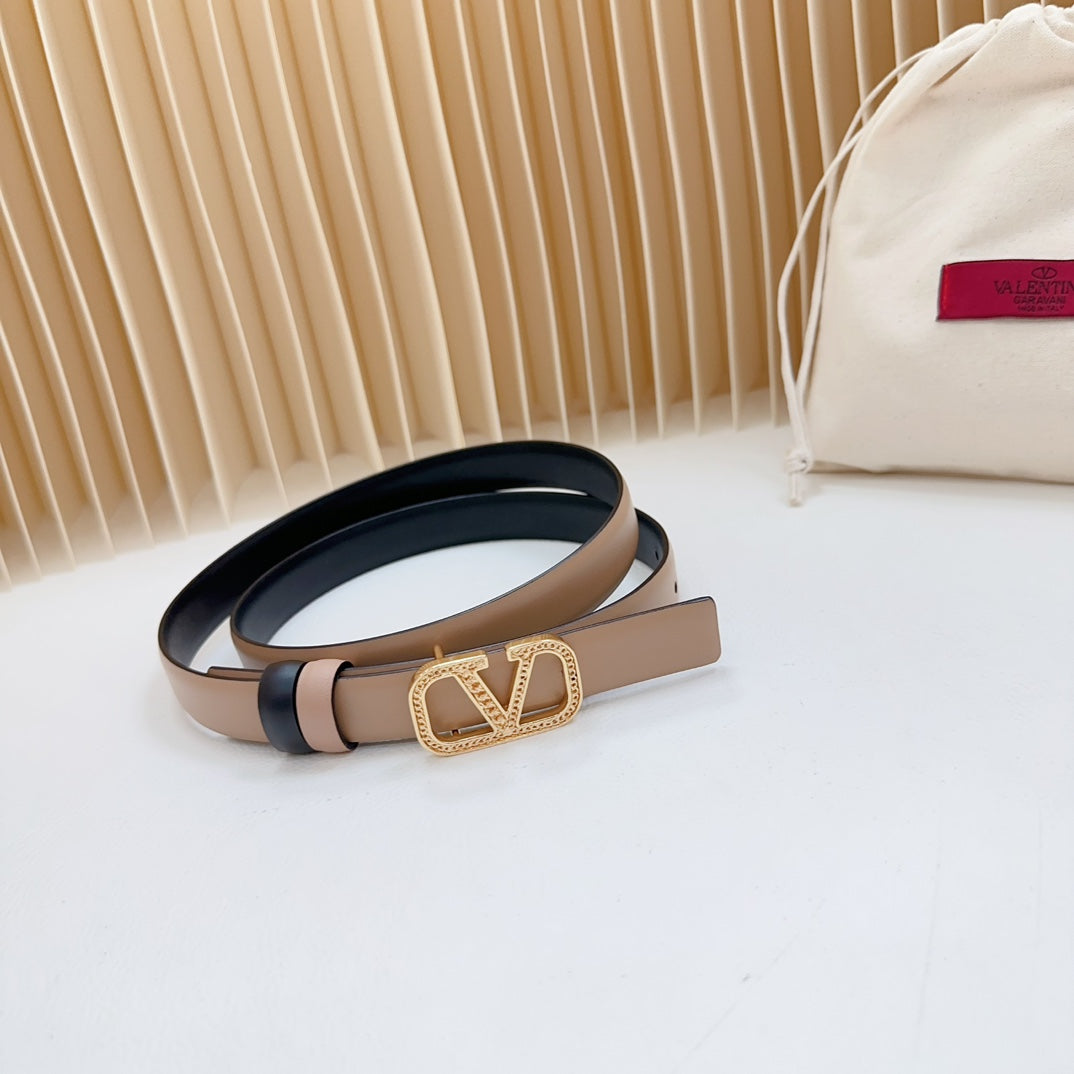 Vlogo Buckle Water Wave Gold Copper Glossy Beige Black Leather 20mm Belt