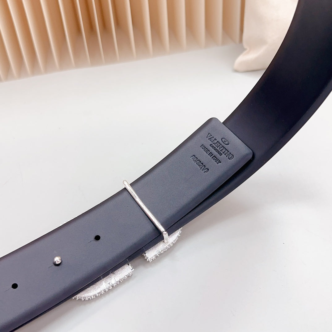 Vlogo Brown Black White Stone Silver Buckle Belt 40mm Black Leather