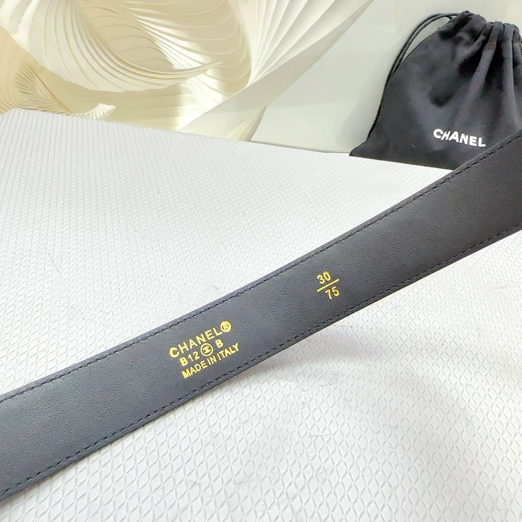 CC BELT 30 MM BLACK CALFSKIN WITH BLACK MIX WHITE LOGO