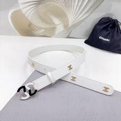 CC BELT 30 MM WHITE CALFSKIN GOLD HARDWARE WITH WHITE MIX BLACK LOGO