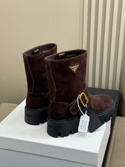 PRADA 25S PLATFORM ANKLE BOOTS IN DARK BROWN SUEDE WITH GOLD HARDWARE