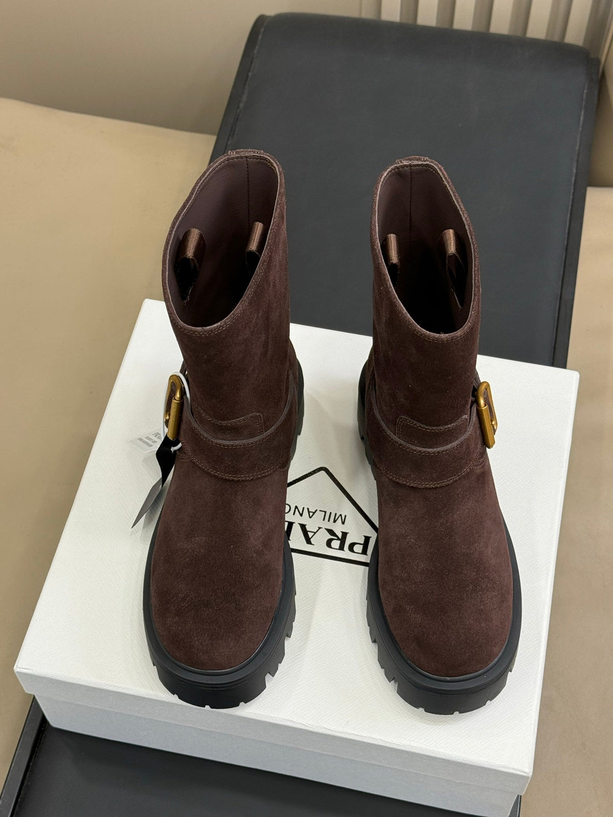 PRADA 25S PLATFORM ANKLE BOOTS IN DARK BROWN SUEDE WITH GOLD HARDWARE