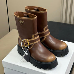 PRADA 25S PLATFORM ANKLE BOOTS IN DARK BROWN CALFSKIN WITH GOLD HARDWARE