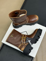 PRADA 25S PLATFORM ANKLE BOOTS IN DARK BROWN CALFSKIN WITH GOLD HARDWARE