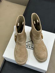 PRADA 25S PLATFORM ANKLE BOOTS IN DARK BEIGE SUEDE WITH GOLD HARDWARE