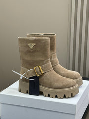 PRADA 25S PLATFORM ANKLE BOOTS IN DARK BEIGE SUEDE WITH GOLD HARDWARE