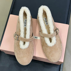 ALAIA 25S MARY JANE SHEARLING FLATS IN LIGHT BROWN SUEDE