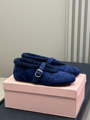 ALAIA 25S MARY JANE SHEARLING FLATS IN DARK BLUE SUEDE