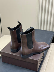 ALAIA 25S SQUARE TOE CHELSEA ANKLE BOOTS SHOES IN BROWN CALFSKIN