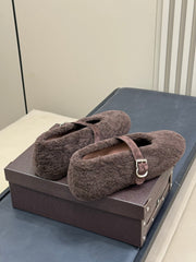 ALAIA 25S COZY MARY JANE SHEARLING FLATS IN DARK BROWN