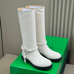 BOTTEGA VENETA 26S TALL BOOTS IN LIGHT GREY SUEDE