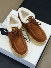 PRADA 25S HIGH-TOP SHOES 40 MM IN DARK BROWN SUEDE SHEARLING-LINED