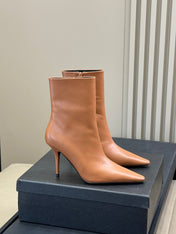YSL 26S ZIPPERED HEELED BOOTS IN ORANGE BROWN CALFSKIN