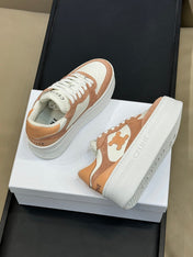 CELINE 26S WEDGE SNEAKERS IN WHITE CALFSKIN AND CARAMEL SUEDE