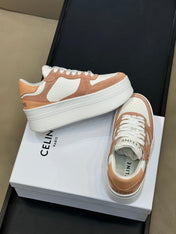 CELINE 26S WEDGE SNEAKERS IN WHITE CALFSKIN AND CARAMEL SUEDE