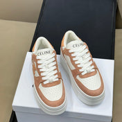 CELINE 26S WEDGE SNEAKERS IN WHITE CALFSKIN AND CARAMEL SUEDE