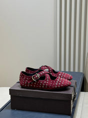 ALAIA 26S CROSS-STRAP FLATS IN DARK RED SUEDE WITH SILVER HARDWARE