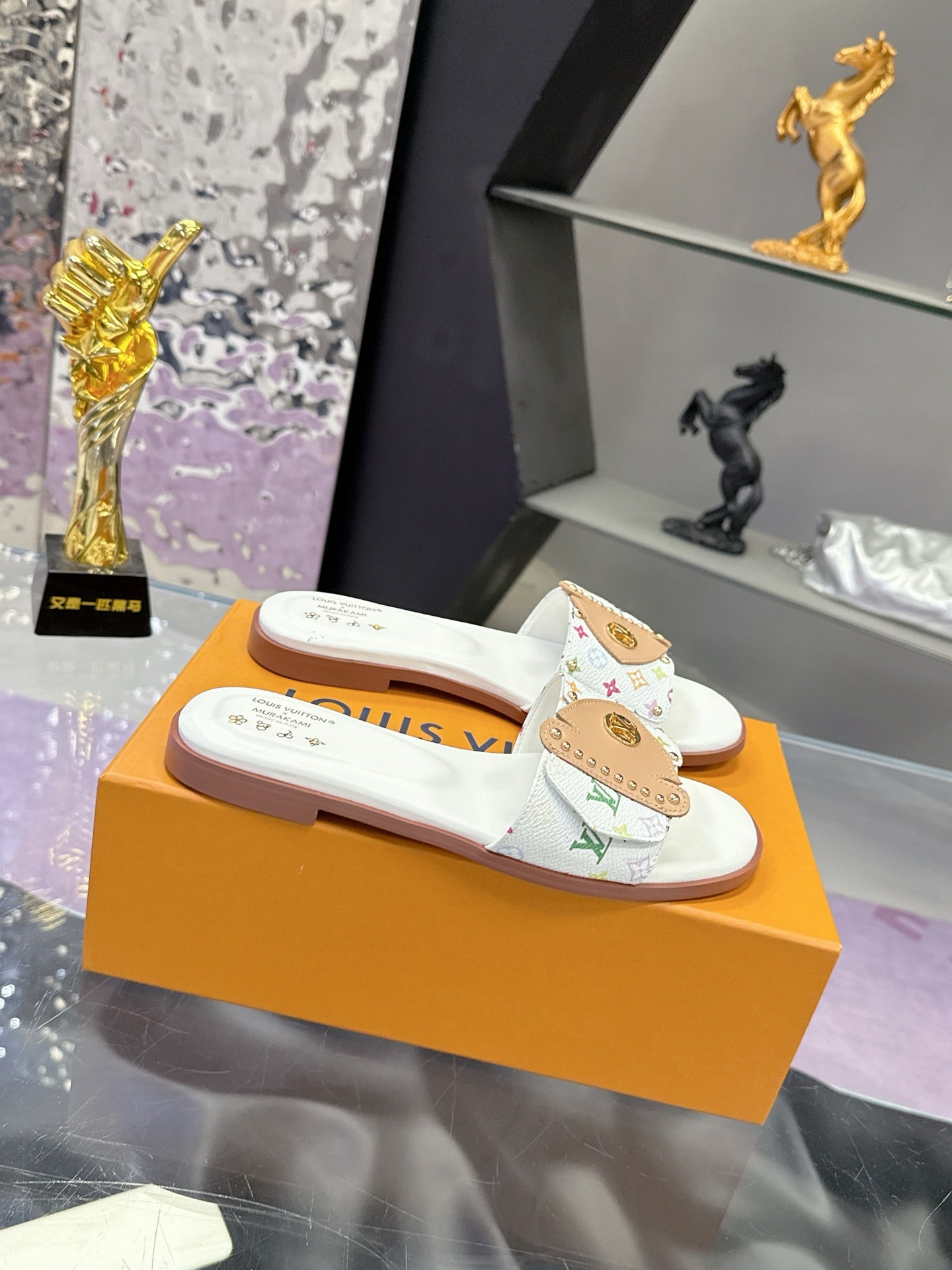 LV 26S FLAT SLIDE SANDALS IN WHITE MULTICOLOR CALFSKIN GOLD HARDWARE