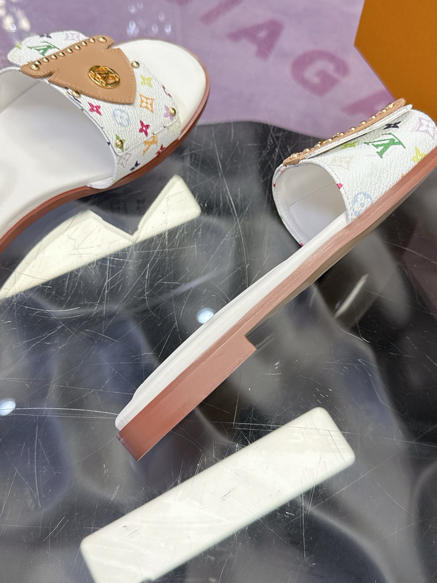LV 26S FLAT SLIDE SANDALS IN WHITE MULTICOLOR CALFSKIN GOLD HARDWARE