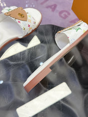 LV 26S FLAT SLIDE SANDALS IN WHITE MULTICOLOR CALFSKIN GOLD HARDWARE