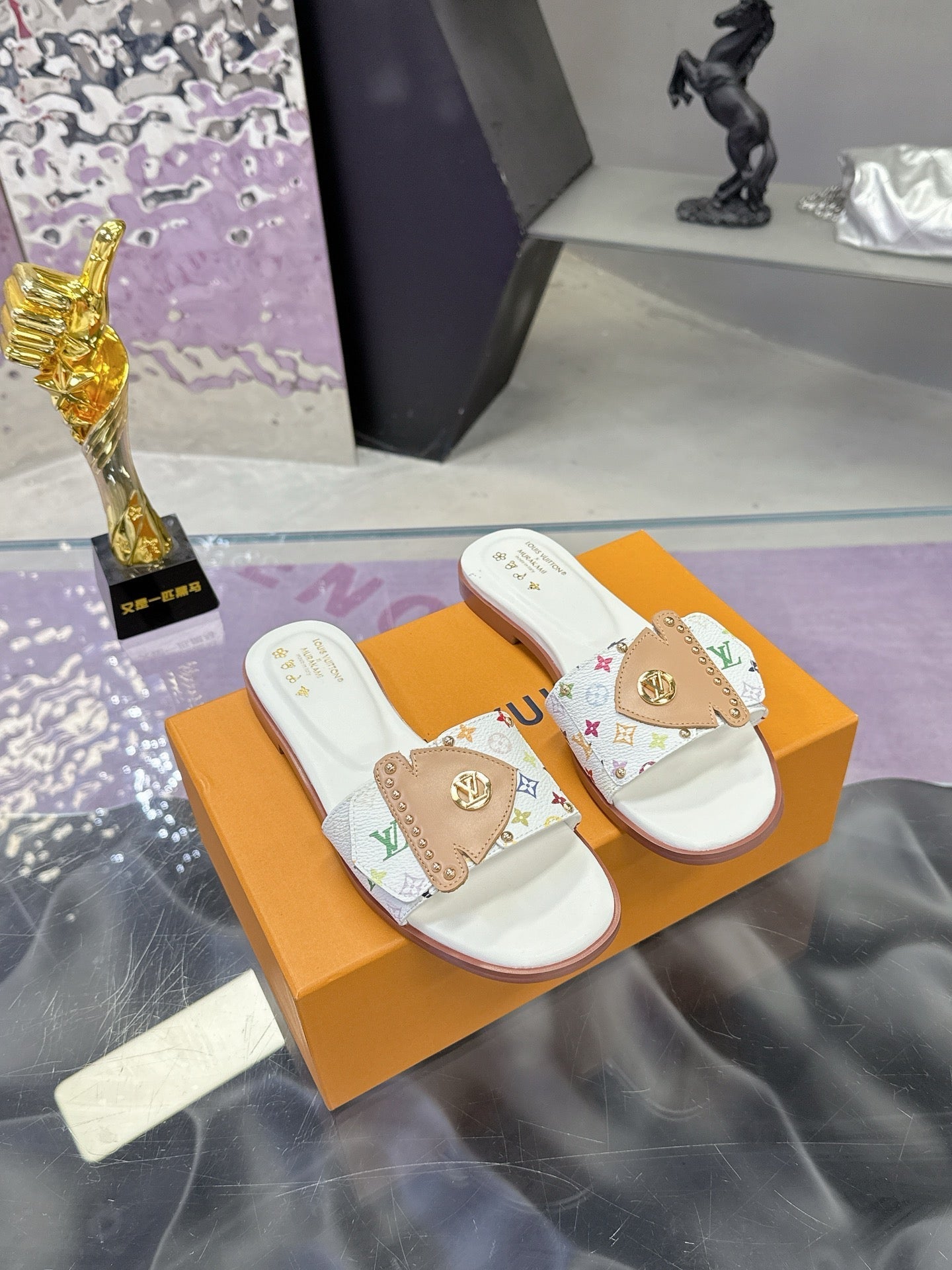 LV 26S FLAT SLIDE SANDALS IN WHITE MULTICOLOR CALFSKIN GOLD HARDWARE