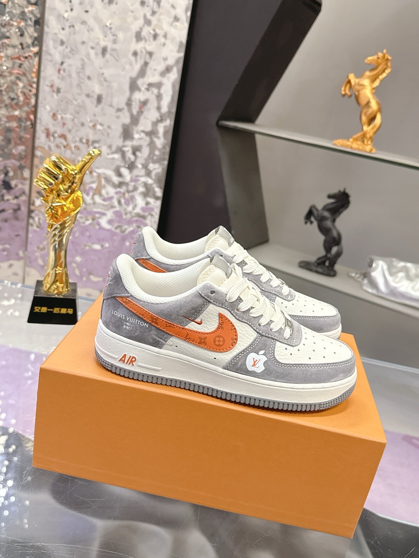LV 26S DUNK LOW SNEAKERS IN WHITE GREY ORANGE MONOGRAM SWOOSH CALFSKIN
