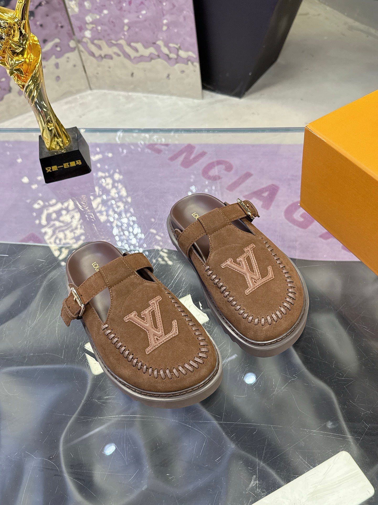 LV 26S MULE SLIDES IN DARK BROWN SUEDE BUCKLE STRAP
