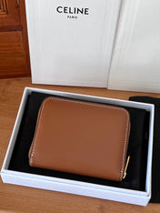 CELINE 25S TRIOMPHE COMPACT ZIPPED WALLET 11 IN BROWN CALFSKIN GOLD HARDWARE