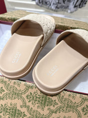 GG SLIDES IN NUDE BEIGE SUEDE WITH EMBOSSED LOGO STYLE 2