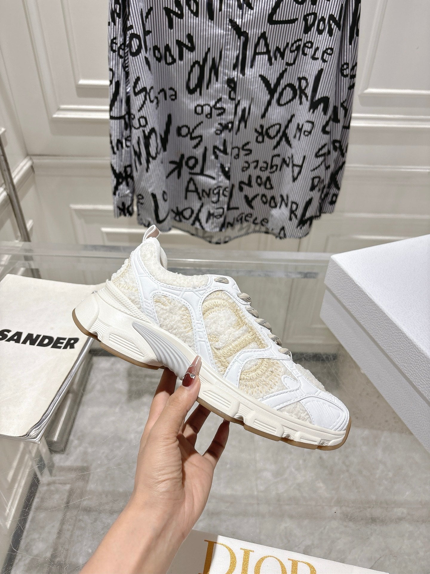 DIOR 25S MILE SERIES SNEAKERS 45MM IN WHITE CALFSKIN AND SHEARLING