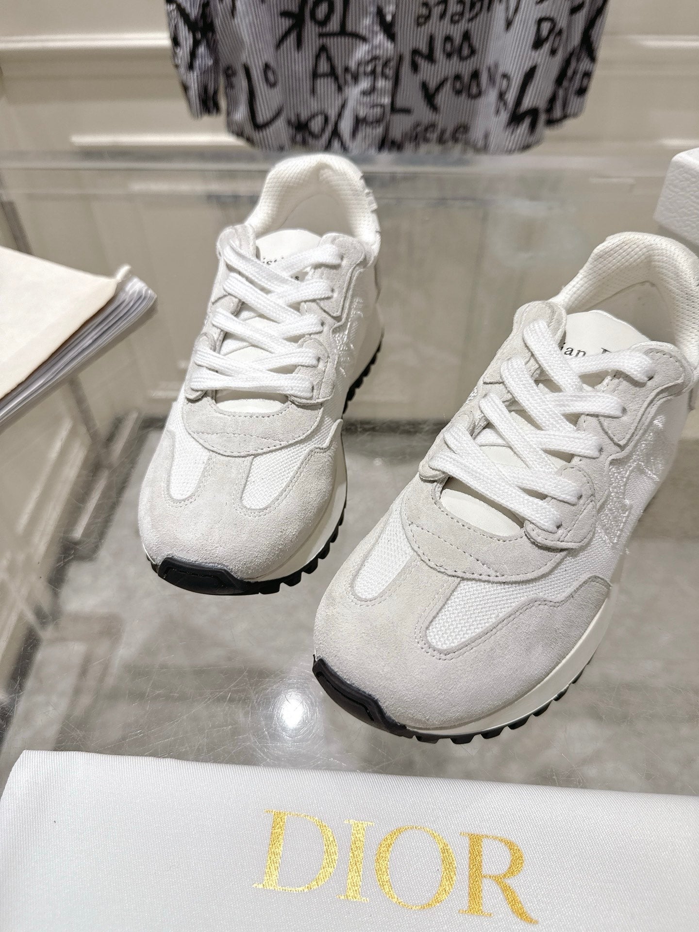DIOR 25S C'EST DIOR SNEAKER IN WHITE LIGHT GRAY CALFSKIN AND SUEDE