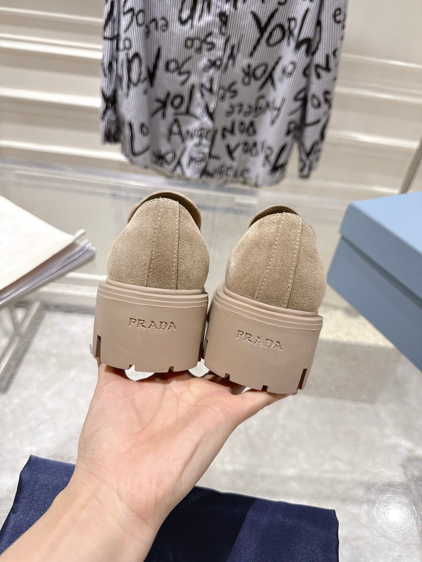 PRADA 26S PLATFORM LOAFERS 45MM IN BEIGE SUEDE