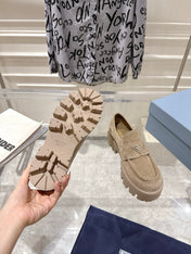 PRADA 26S PLATFORM LOAFERS 45MM IN BEIGE SUEDE