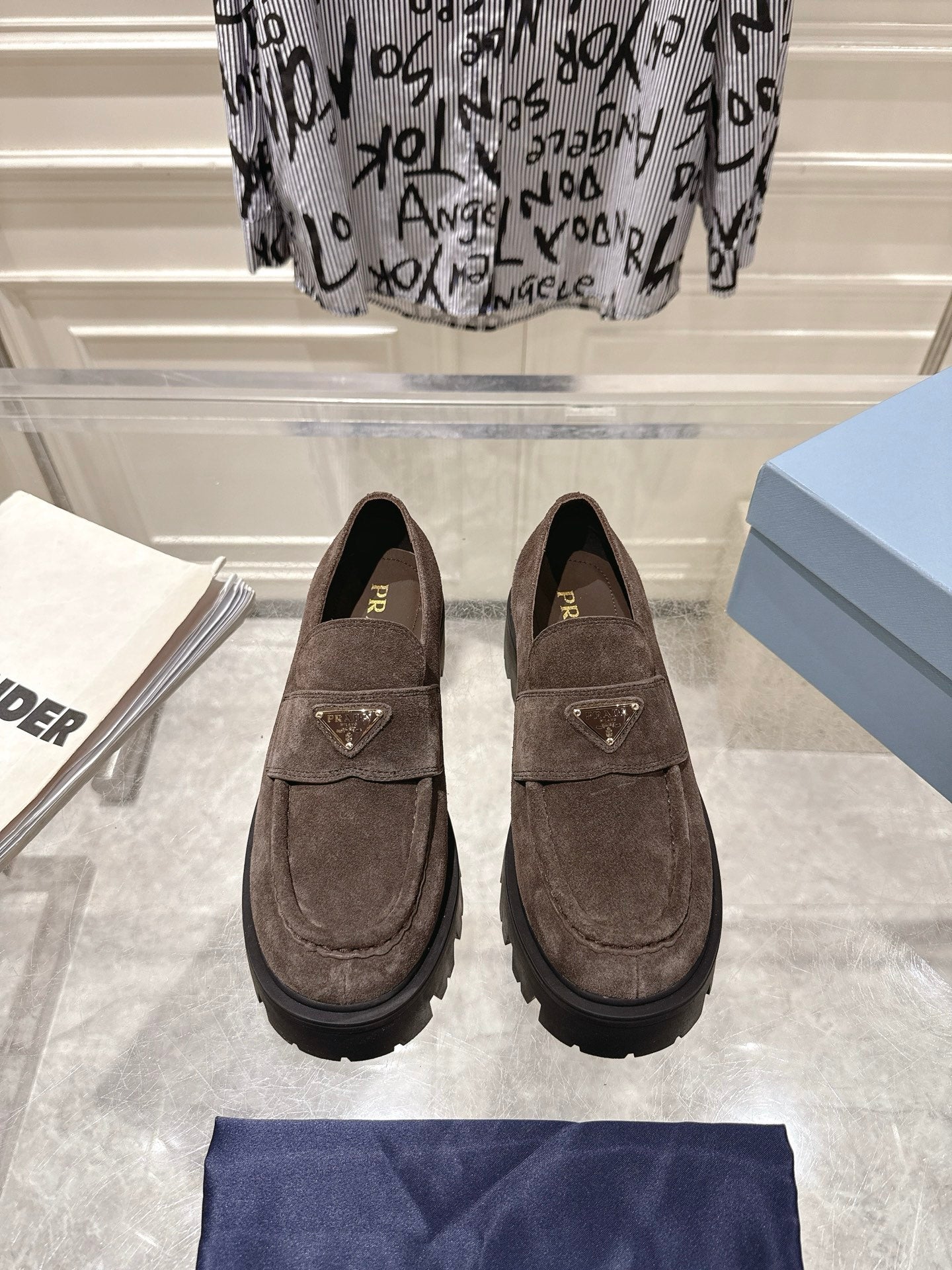 PRADA 26S PLATFORM LOAFERS 45MM IN DARK BROWN SUEDE