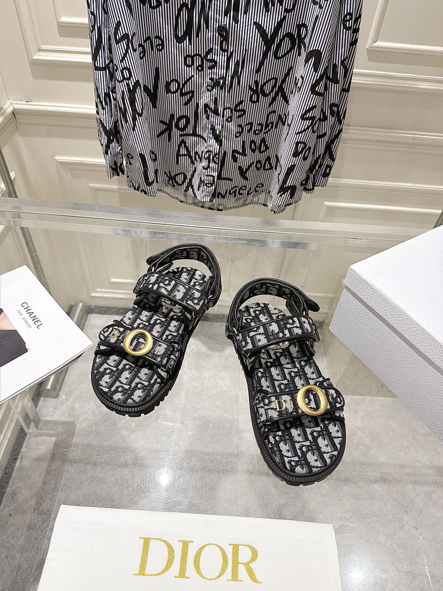 DIOR 26S VELCRO SANDALS IN BLACK MIX WHITE OBLIQUE CANVAS
