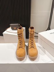 CELINE 25S HIGH HEELED LACE UP BOOTS 50MM IN DARK ORANGE SUEDE