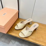 JEWELLED HEEL 55 MULE SANDALS IN PALE YELLOW CALFSKIN