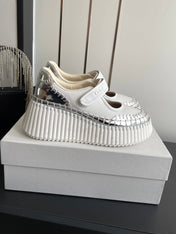 CHLOE 26S MARY JANE SNEAKERS IN WHITE AND SILVER CALFSKIN