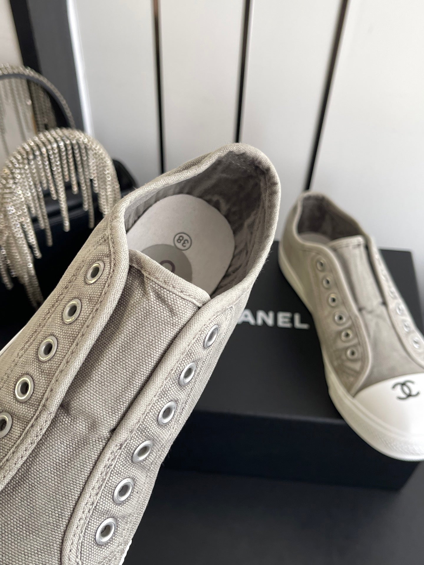 CHANEL 26S LOW TOP SNEAKERS IN GREY CANVAS