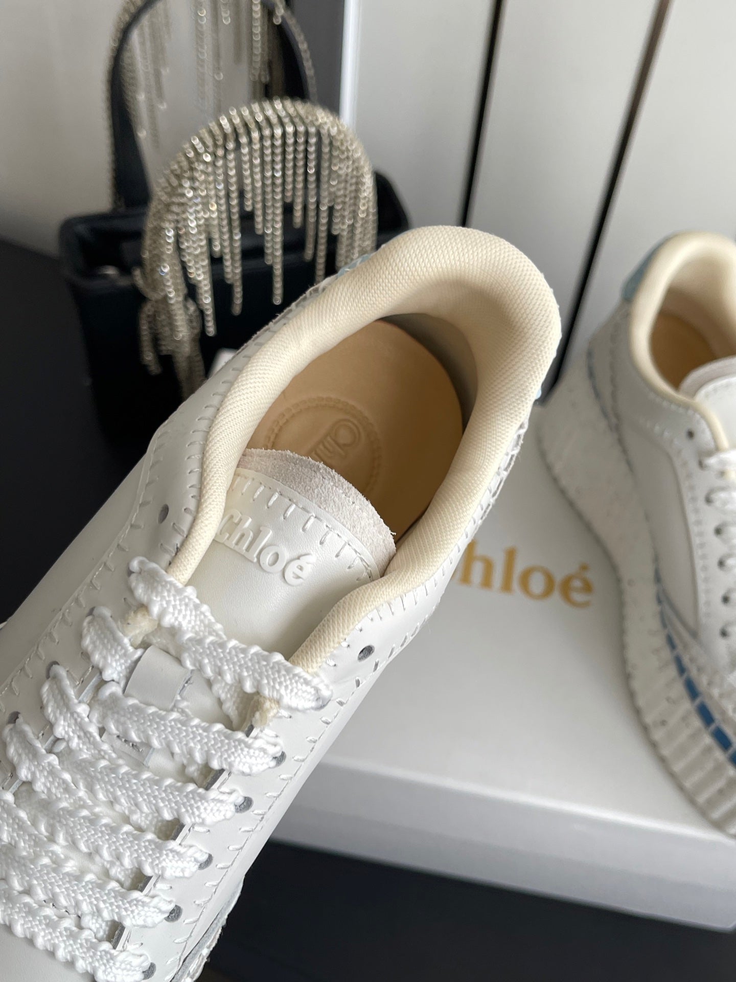 CHLOE 26S LACE-UP SNEAKERS IN WHITE MIX BLUE CALFSKIN