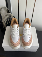 CHLOE 26S LACE-UP SNEAKERS IN WHITE MIX BEIGE CALFSKIN