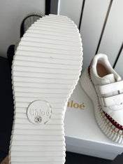 CHLOE 26S PLATFORM SNEAKERS IN WHITE AND DARK RED CALFSKIN